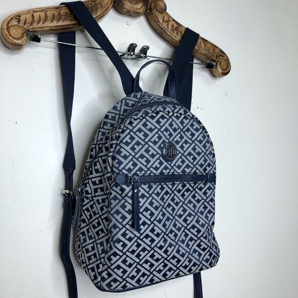 Tommy Hilfiger Mini Backpack Blue White Allover Logo Zip Pocket